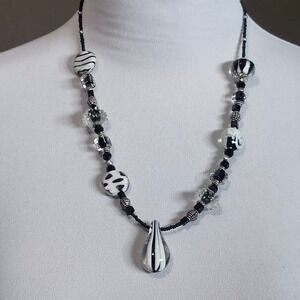 Black White Glass Beaded‎ Necklace Artisan Crafted Statement Jewelry